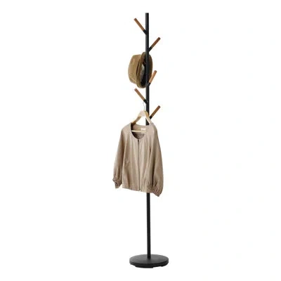 Yamazaki Home Plain Freestanding Coat Hanger Rack With Wooden Hooks, Space Saving, 70" - Steel In Black