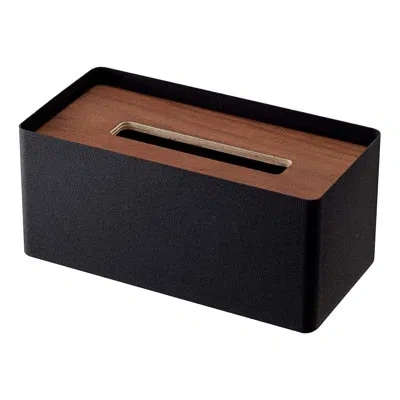 Yamazaki Home Rin Rectangular Reusable Tissue Box Cover Holder Case With Natural Wooden Lid, Steel In Black,brown