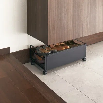 Yamazaki Home Rolling Shoe Rack, Steel, Holds 4 Shoes, 6 Heels, Wheels In Black