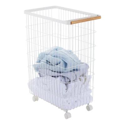 Yamazaki Home Rolling Wire Basket, Steel + Wood, 14.5 Gallons, 55l, Supports 17.6 Pounds, Handles, Water Resistant