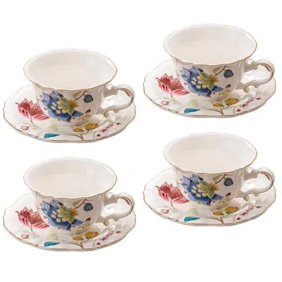Yamazaki Home Set Of 4 Ceramic Tea & Coffee Cups With Saucers, Classic Porcelain Tea Cup Saucer Set In Blue And Red
