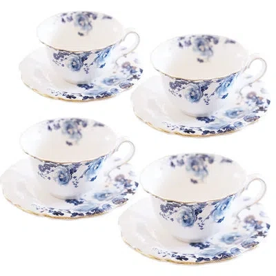 Yamazaki Home Set Of 4 Ceramic Tea & Coffee Cups With Saucers, Classic Porcelain Tea Cup Saucer Set In Blue And White
