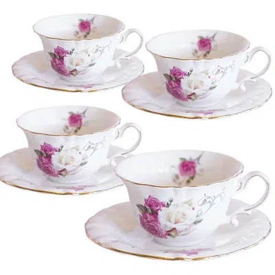 Yamazaki Home Set Of 4 Ceramic Tea & Coffee Cups With Saucers, Classic Porcelain Tea Cup Saucer Set In Rose