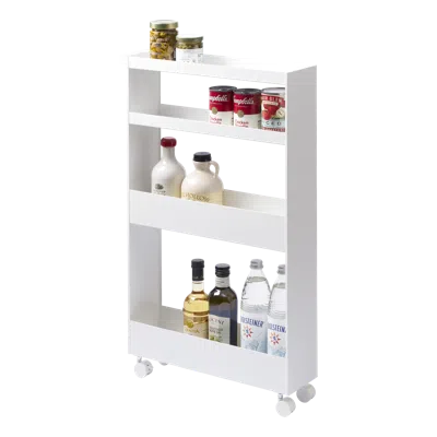 Yamazaki Home Slim Rolling Wagon, Steel, Supports 44.3 Pounds, Handle, Wheels, Minimal Assembly In White