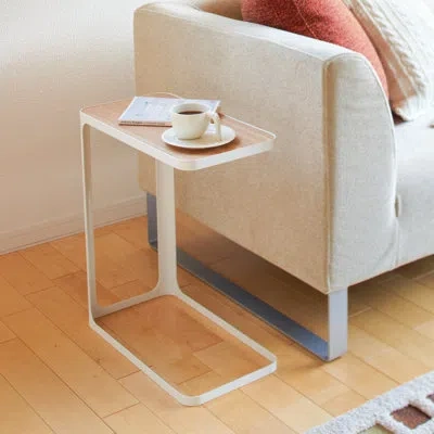 Yamazaki Home Small Metal And Wood Bedside Compact Side Table - Narrow C Shaped Slim End Table In White