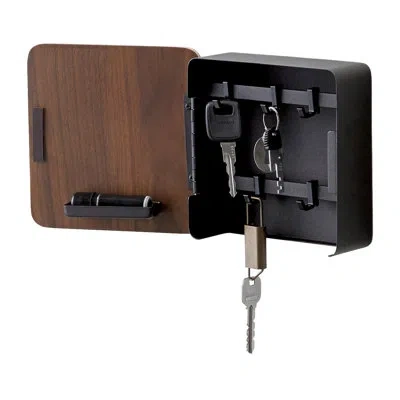 Yamazaki Home Square Magnetic Key Cabinet, Wood Accented Keychain Organizer, Steel + Wood, Magnetic In Black