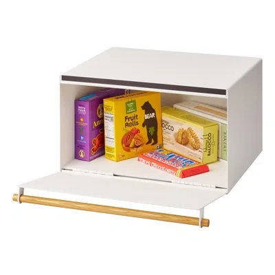 Yamazaki Home Tosca Bread Box Keeper Holder Container, Metal Bread Holder Saver - Steel - Wood In White