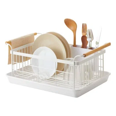 Yamazaki Home Tosca Dish Rack With Removeable Drainer Tray - Steel - Wood In White