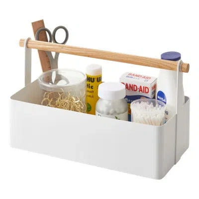 Yamazaki Home Tosca Storage Basket - Wood Handle Organizer - Steel + Wood In White,natural