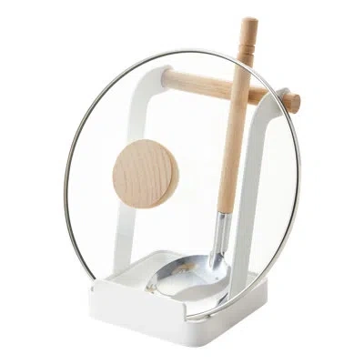 Yamazaki Home Tosca  Ladle & Lid Rest, Kitchen Utensil Organizer Stand For Cooking, Steel + Wood In White
