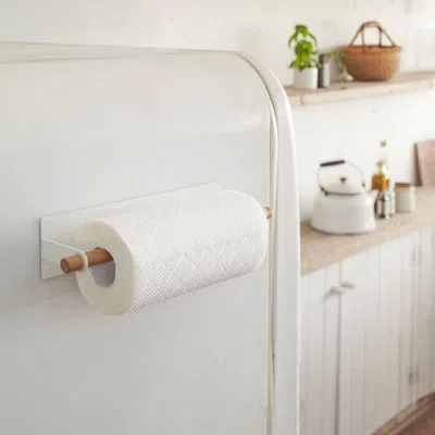 Yamazaki Home Tosca  Magnetic Paper Towel Holder, Kitchen Storage, Steel + Wood, Small In Brown;white