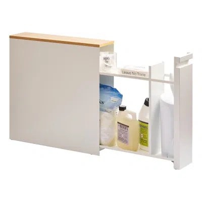 Yamazaki Home Tower Pull-out Bathroom Storage Cabinet - Slim Bathroom Organizer With Wood Top In White