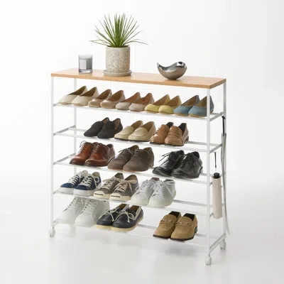 Yamazaki Home Tower Rolling Five-tier Shoe Rack, Steel Frame With Wooden Top, Space-saving Shoe Organizer On Wheel In White