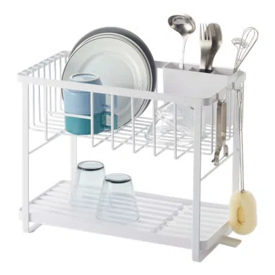 Yamazaki Home Tower  Two-tier Adjustable Dish Drainer Rack, Utensils Holder, Steel, Draining Spout In White