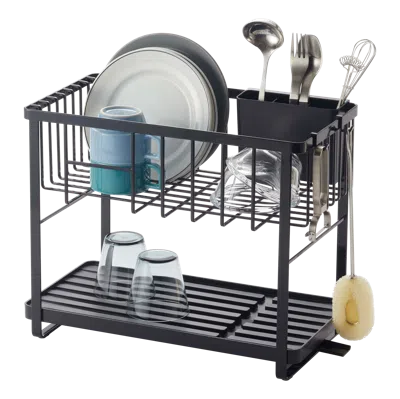 Yamazaki Home Two-tier Wire Dish Rack, Steel, Supports 28.6 Pounds, Adjustable, Draining Spout, Drain Stopper, Ute In Black