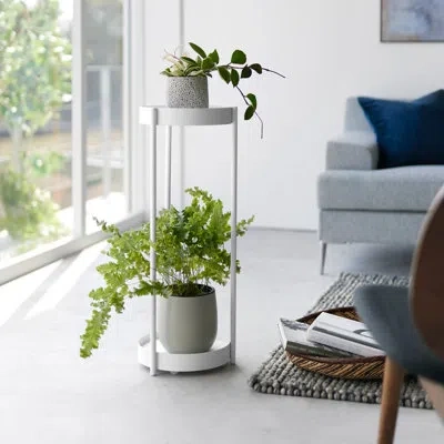 Yamazaki Home Two-tier Rolling Plant Stand, Steel, Wheels In White