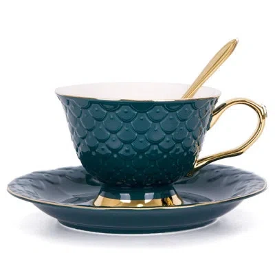Yamazaki Home Vintage 8 Ounces Porcelain Tea Cup And Saucer Set, Coffee Cup With Decorative Scale Pattern In Green