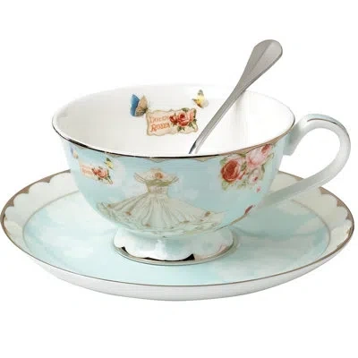 Yamazaki Home Vintage Royal Bone China Tea Cup And Saucer Set With Spoon, 7 oz Rose Flower Teacup, Blue Boxed Gift In Teacup And Saucer
