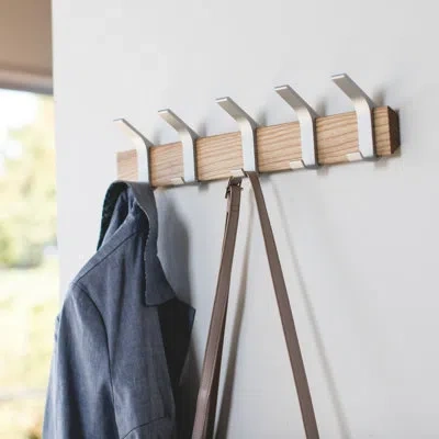 Yamazaki Home Wall-mounted Coat Hanger, Steel + Wood In White