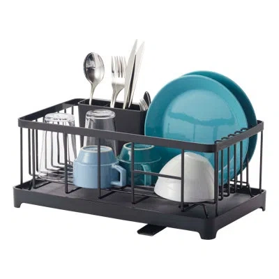 Yamazaki Home Wire Dish Drainer Rack With Removable Drainer Tray With Spout, Utensils Holder, Steel In Black