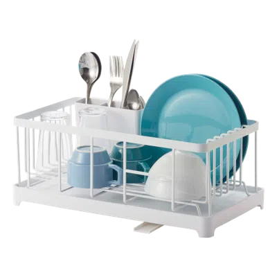 Yamazaki Home Wire Dish Rack, Steel, Supports 17.6 Pounds, Draining Spout, Water Resistant, No Assembly In White