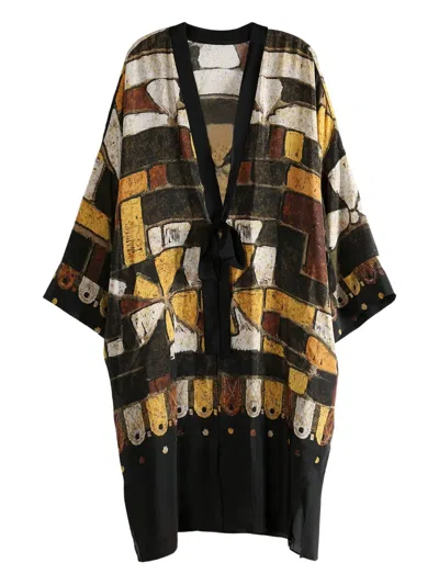 Yangkehan Abstract-print Tie-front Coat In Black