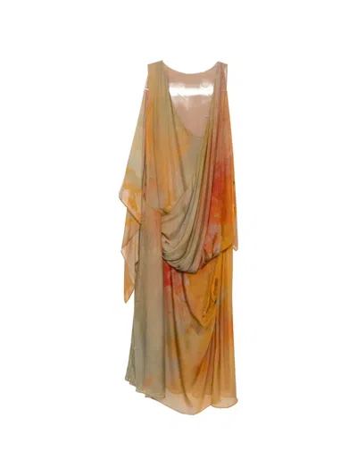 Yangkehan Floral-print Draped Dress In Orange