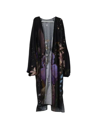 Yangkehan Maxi Floral-print Silk Robe In Black