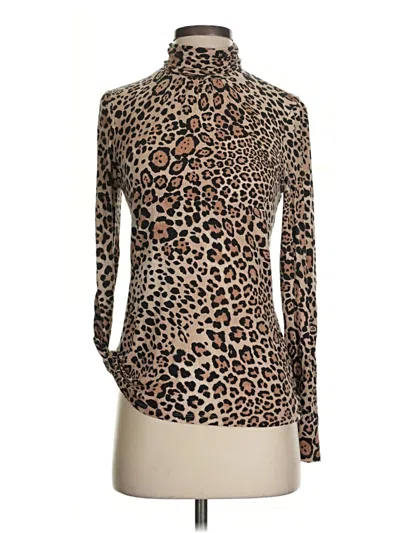 Pre-owned Yansi Fugel Long Sleeve Top Brown Animal Print Pattern Turtleneck Tops