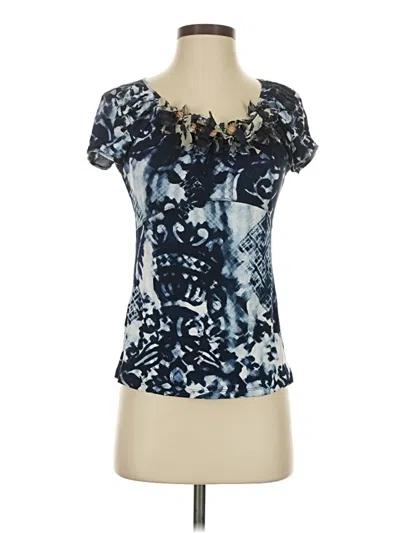 Pre-owned Yansi Fugel Short Sleeve Silk Top Blue Ruffles Neckline Tops