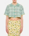 Yanyan Argyle Short Sleeve Linen Crop Cardigan In Green