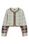 Yanyan Argyle Braided Trim Cardigan In Lichen