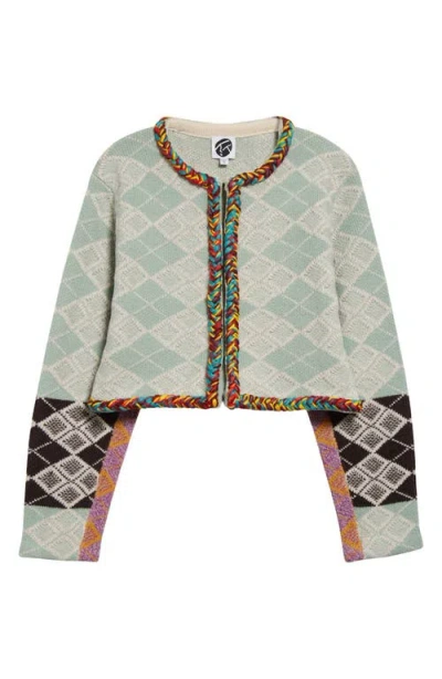 Yanyan Argyle Braided Trim Cardigan In Lichen