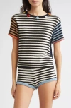 Yanyan Bao Embellished Colorblock Stripe Cotton Crewneck T-shirt In Gray