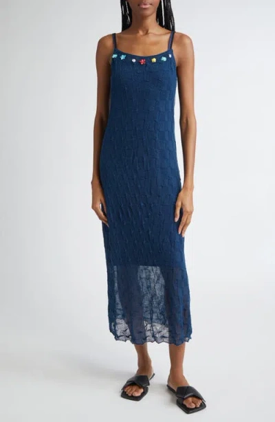 Yanyan Borlor Floral Ribbon Wool Slipdress In Navy