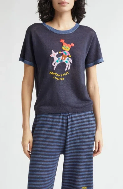 Yanyan Campus Wawa Embroidered Linen Ringer T-shirt In Blue