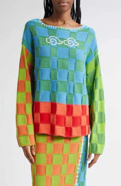Yanyan Check Embroidered Cloud Sweater In Blue/green