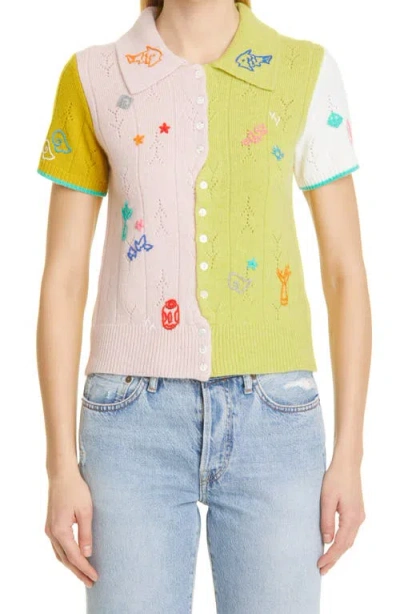 Yanyan Curious Colorblock Short Sleeve Lambswool Cardigan In Brown