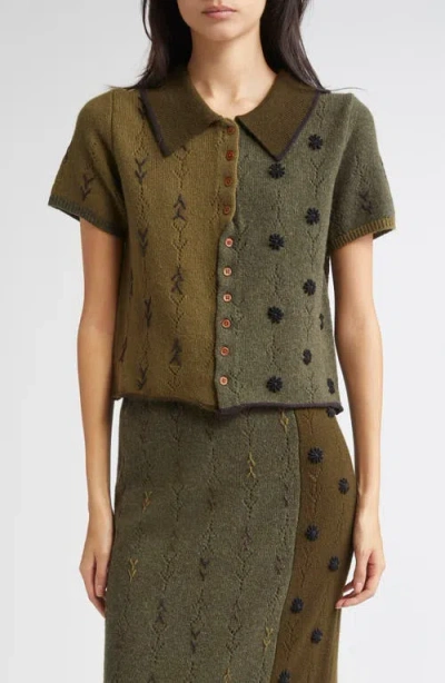 Yanyan Daisy Colorblock Short Sleeve Lambswool Cardigan In Multi