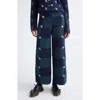Yanyan Daisy Embroidered Checkerboard Lambswool Pants In Blue