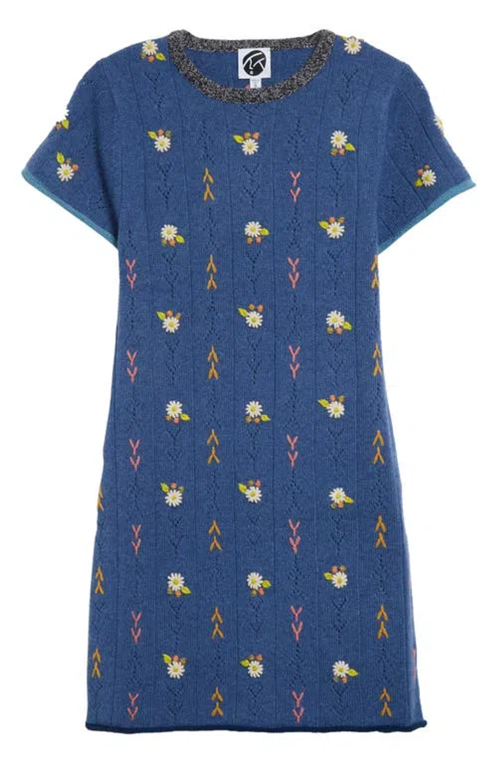Yanyan Daisy Embroidered Pointelle Knit Wool Sweater Dress In Denim Dark |  ModeSens