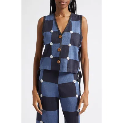 Yanyan Daisy Intarsia Check Linen Blend Vest In Animal Print