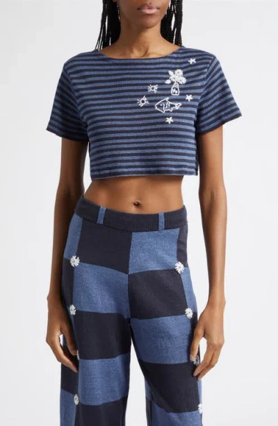 Yanyan Daisy Stripe Crop Short Sleeve Linen Sweater In Blue