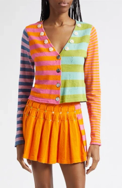 Yanyan Daisy Stripe Linen Blend Cardigan In Multi
