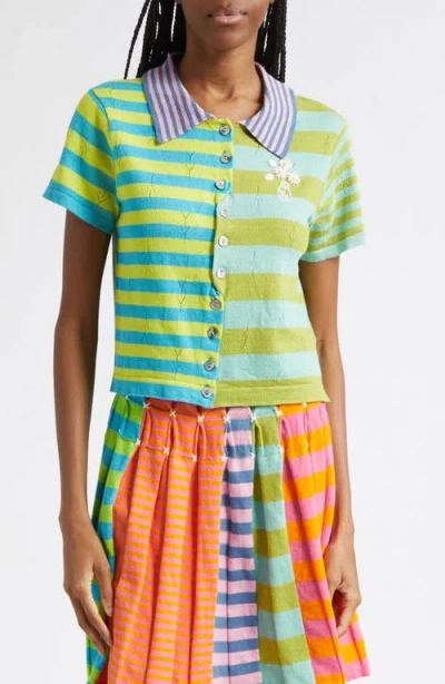 Yanyan Daisy Stripe Linen Blend Y-pointelle Cardigan In Multi