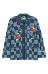 Yanyan Floral Ribbon Checkerboard Knit Work Jacket In Blue