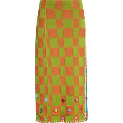 Yanyan Floral Ribbon Checkerboard Midi Skirt In Green/orange