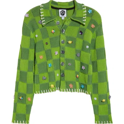 Yanyan Floral Ribbon Checkerboard Shrunken Cardigan In Grass Green