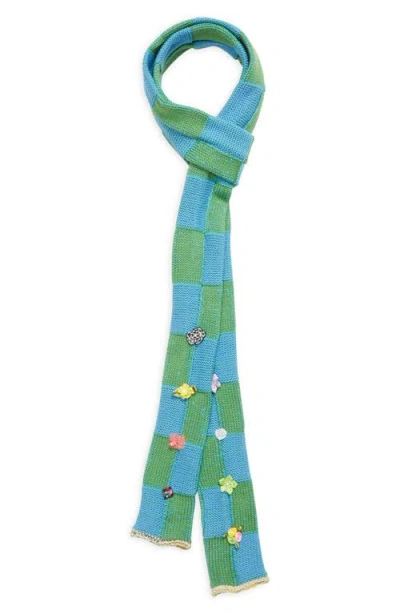 Yanyan Floral Ribbon Checkerboard Skinny Scarf In Blue/green