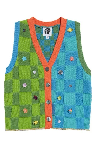 Yanyan Floral Ribbon Checkerboard Sweater Vest In Blue Green